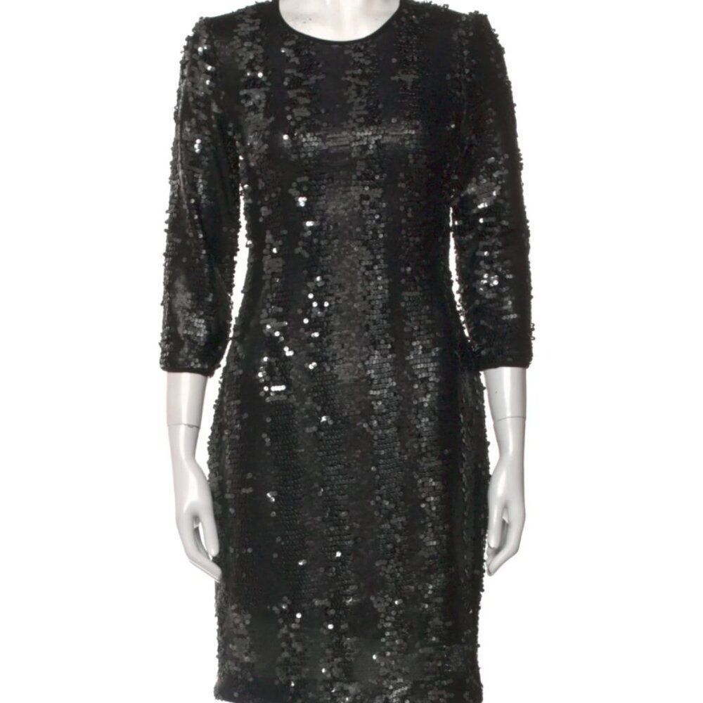HUNTER BELL Black Sequin Sheath Dress 3/4 Sleeve - Size 6